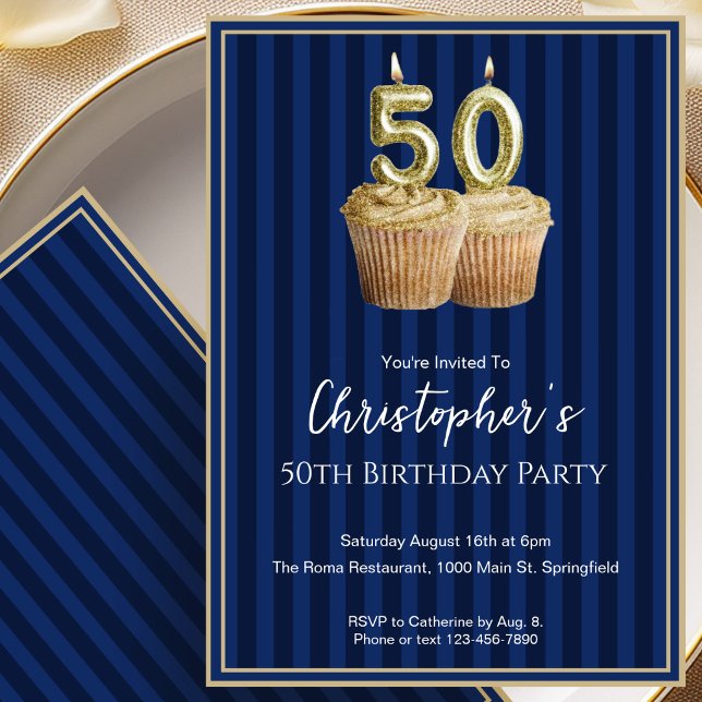 Convite de Aniversário de 50 anos Único Azul Doura (Criador carregado)