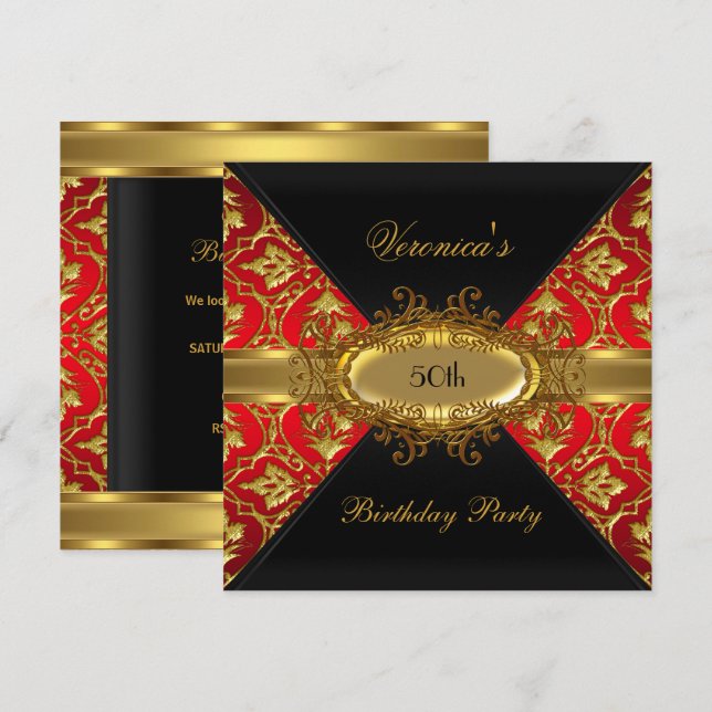 Convite de Aniversário de 50 anos Vermelho Dourado (Frente/Verso)