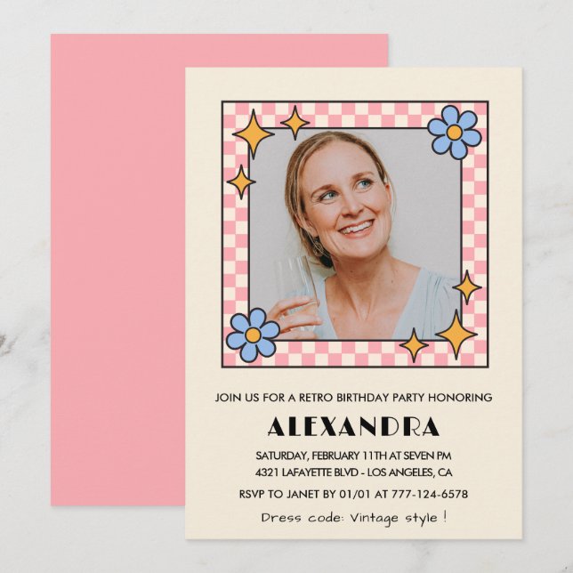 Convite de aniversário de 52 anos com foto floral  (Frente/Verso)