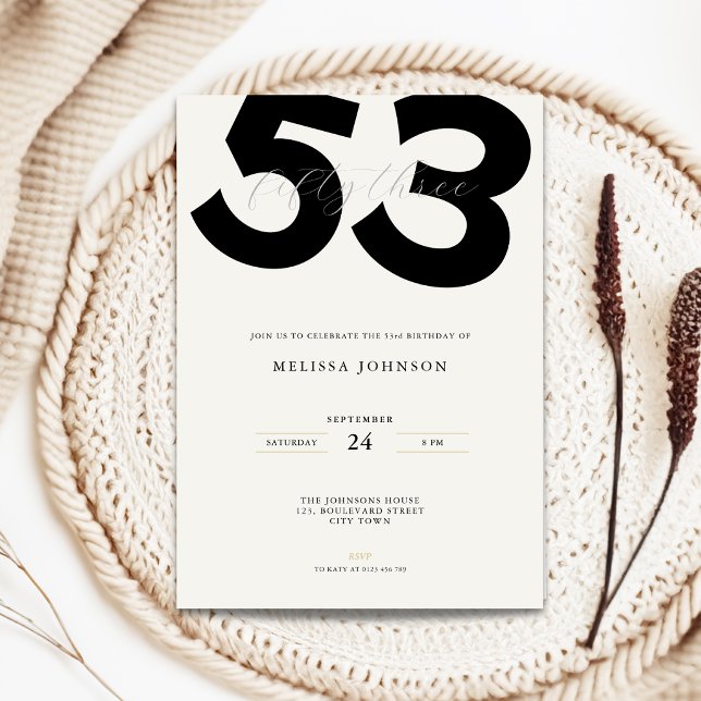Convite de Aniversário de 53 anos Minimalista - Ti (Minimal 53rd birthday invitation with bold typography for man and woman)