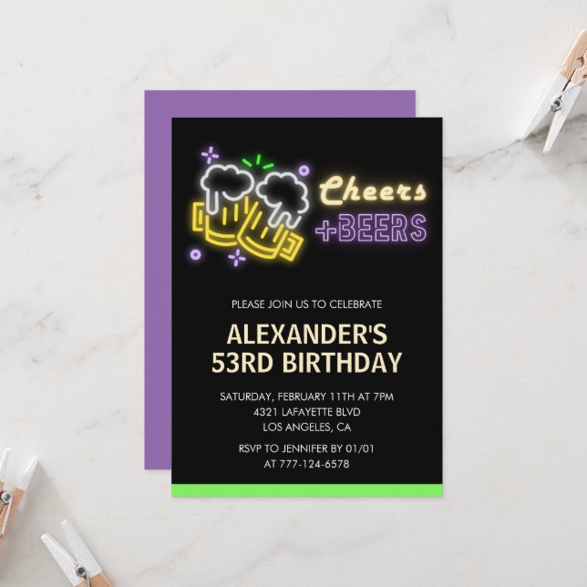 Convite de aniversário de 53 anos Neon Cheers Beer (Frente/Verso In Situ)