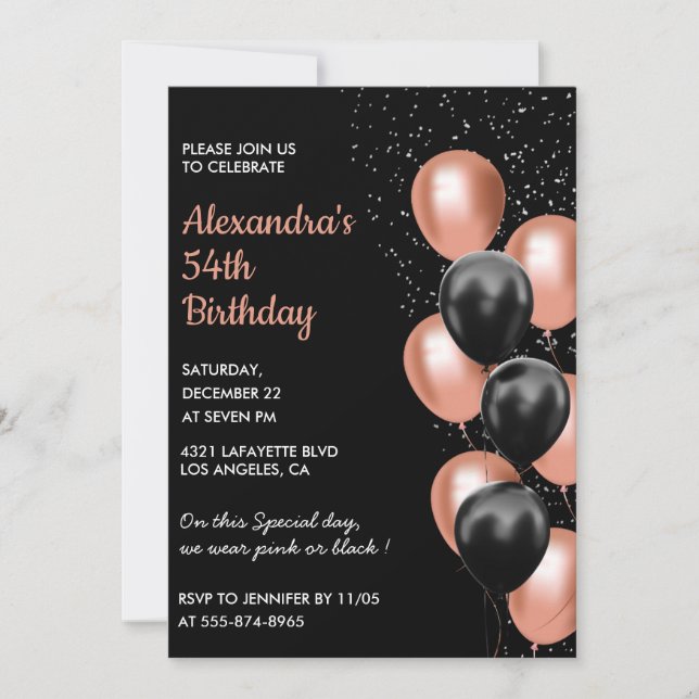 Convite de aniversário de 54 anos Black Rose doura (Frente)