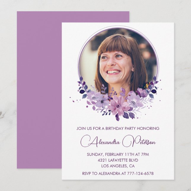 Convite de aniversário de 55 anos Foto Boho roxo e (Frente/Verso)