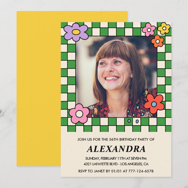 Convite de aniversário de 56 anos com foto Floral  (Frente/Verso)