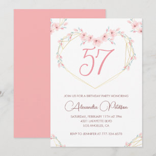 Convite de aniversário de 57 anos Pink Watercolor