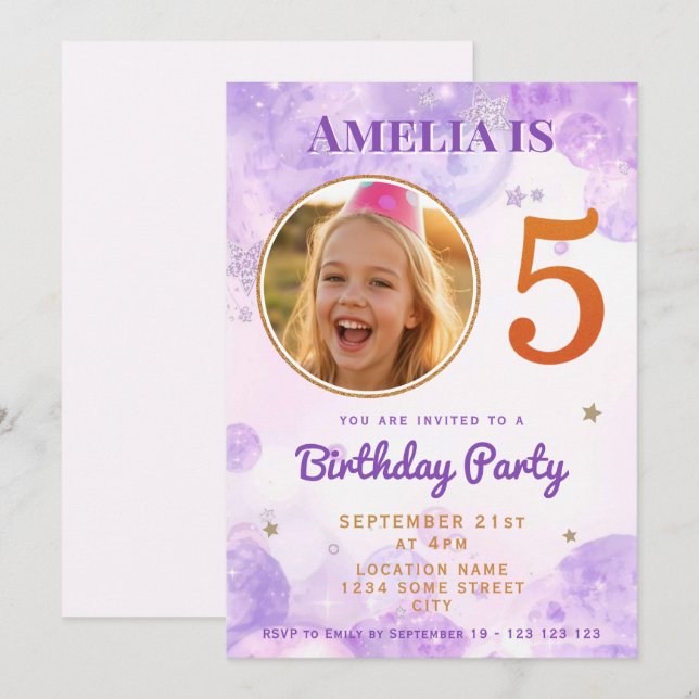 Convite de Aniversário de 5 Anos 5 Bolhas Estrela  (Frente/Verso)