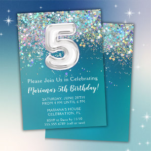 Convite de Aniversário de 5 anos Brilho Teal Prata