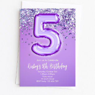 Convite de Aniversário de 5 anos com Brilho Roxo