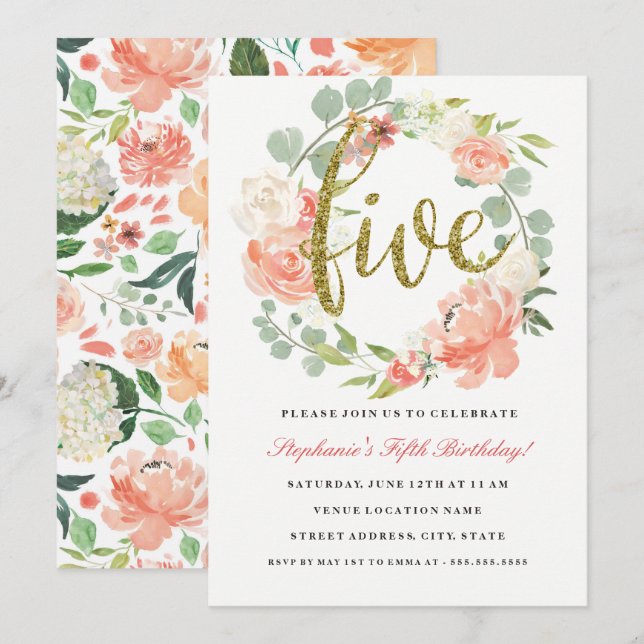 Convite de Aniversário de 5 anos com Coroa Floral  (Frente/Verso)