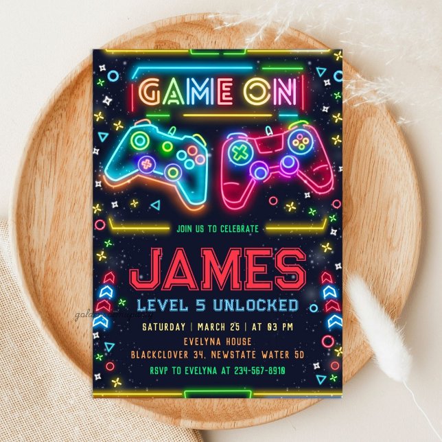 Convite de Aniversário de 5 anos da Games on glow (Games on glow Birthday Party Invitation
)