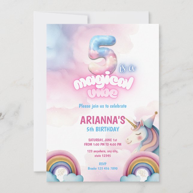 Convite de Aniversário de 5 anos de Unicórnio Arco (Frente)