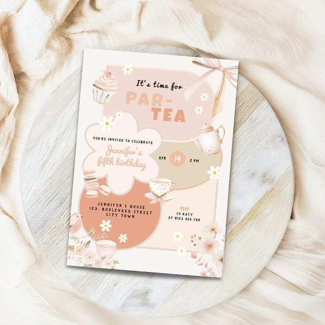 Convite de Aniversário de 5 anos Festa do Chá Past (Tea Party 5th birthday invitation pastel)