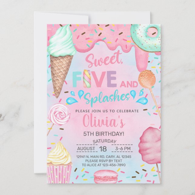 Convite de aniversário de 5 anos para menina doce  (Frente)