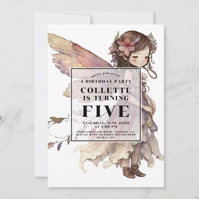 Convite de aniversário de 5 da Anime Fairy Girl (Frente)