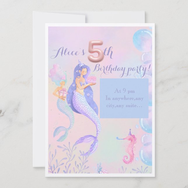 Convite de aniversário de 5 de Mermaids (Frente)