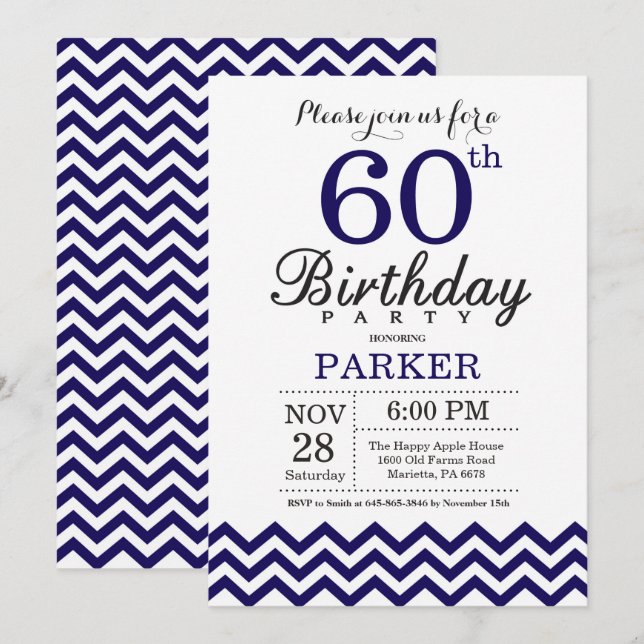 Convite de Aniversário de 60 anos Azul Navy Chevro (Frente/Verso)