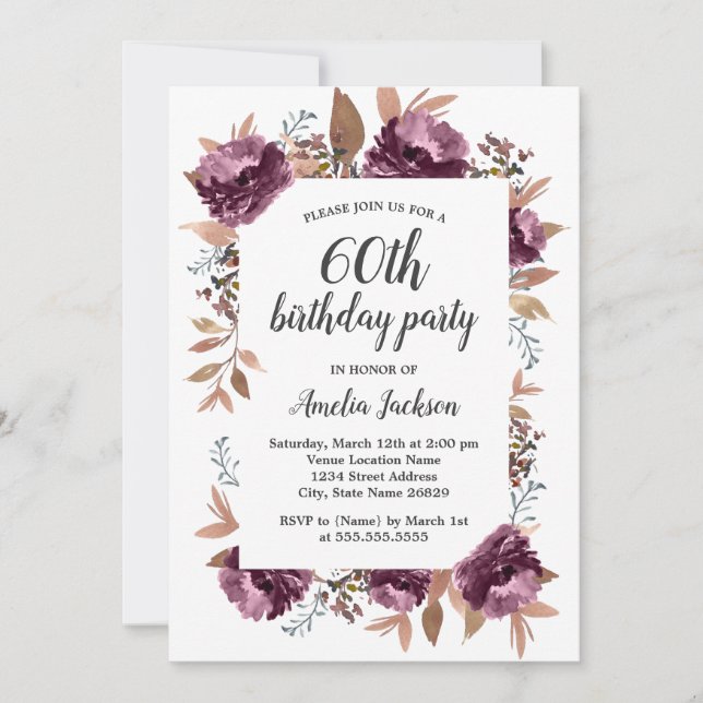 Convite de Aniversário de 60 Anos Bloom Purple Wat (Frente)