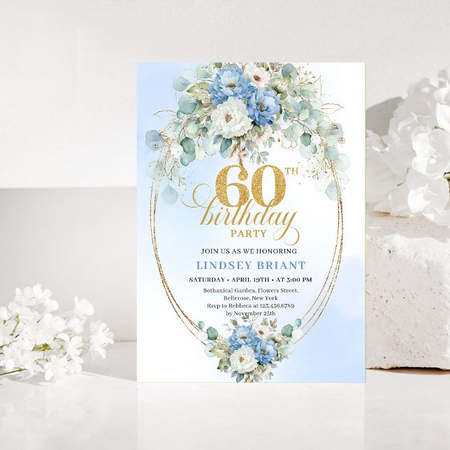 Convite de Aniversário de 60 anos Blue and Gold Gr (Blue and Gold Greenery 60th Birthday Invitation)