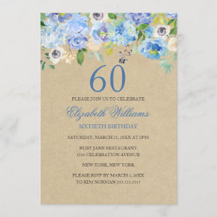 Convite de Aniversário de 60 anos Blue Floral Wate