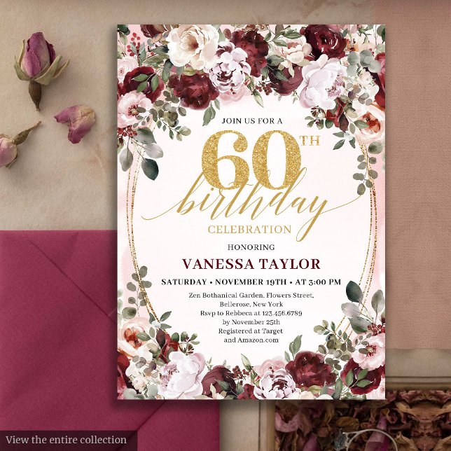 Convite de Aniversário de 60 anos Boho Burgundy Fl (Stylish Boho Burgundy Floral 60th Birthday Invite)