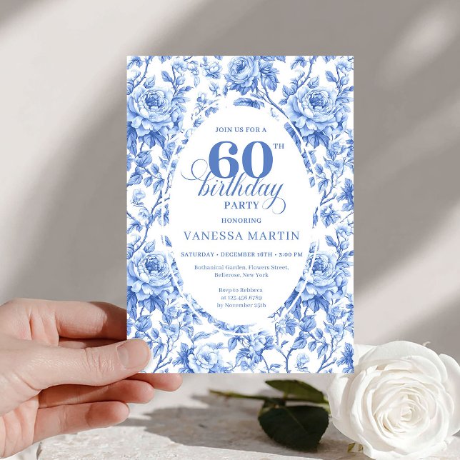 Convite de Aniversário de 60 anos Chic Royal Blue  (Chic Royal Blue Toile Roses 60th Birthday Invite PDF

)