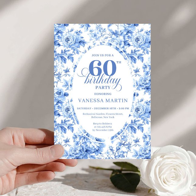 Convite de Aniversário de 60 anos Classic Navy Toi (Classic Navy Toile Roses 60th Birthday Invite Print

)