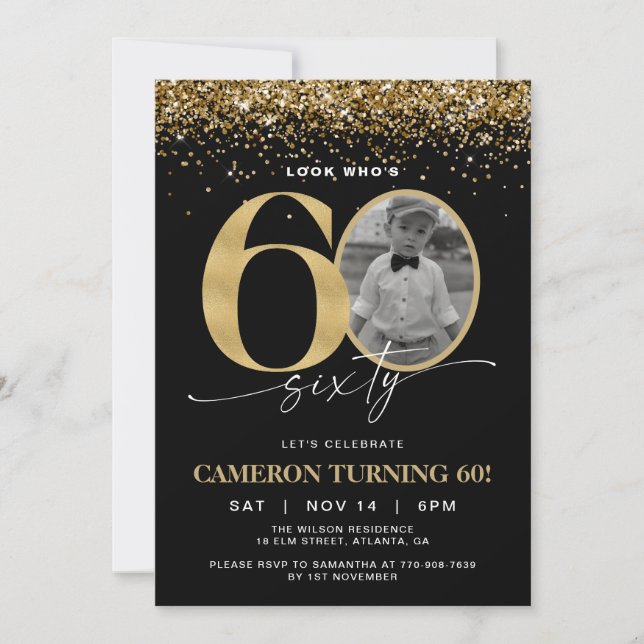Convite de Aniversário de 60 Anos com Brilho Preto (Frente)