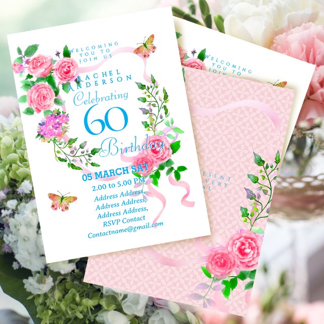 Convite de Aniversário de 60 anos com Fita de Rosa (Pink Rose Ribbon 60th Birthday Invitation)