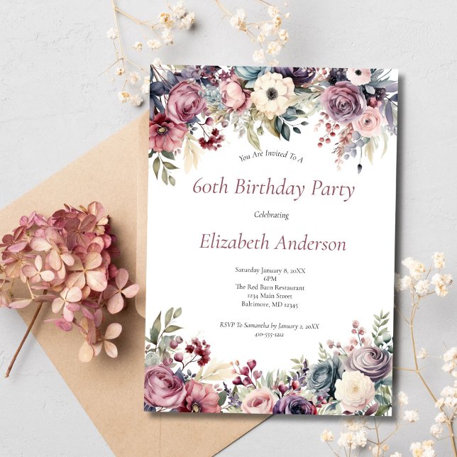 Convite de Aniversário de 60 anos com Florais Rosa (Pink purple blue moody florals 60th birthday invitation for her. Digital or Printed. Watercolor )