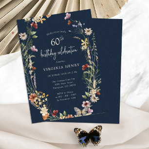 Convite de Aniversário de 60 anos com Floral Azul 
