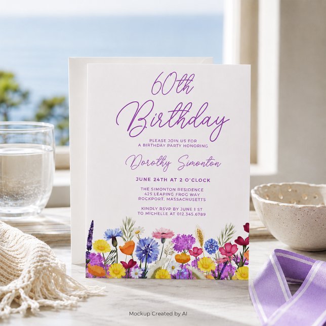 Convite de aniversário de 60 anos com flores silve (Criador carregado)