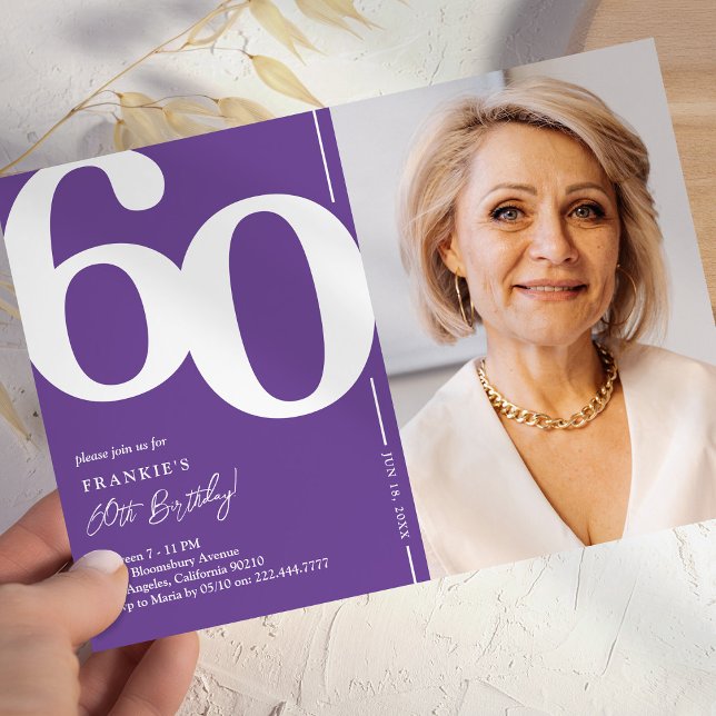 Convite de Aniversário de 60 Anos com Foto Roxa (Criador carregado)