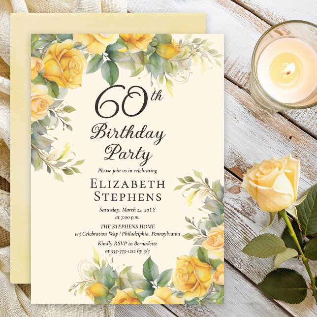 Convite de Aniversário de 60 Anos com Rosa Amarela (Elegant yellow rose 60th birthday invitation with soft greenery and warm cream background)