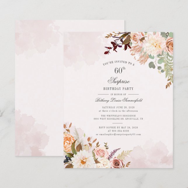 Convite de Aniversário de 60 Anos com Tema Floral  (Frente/Verso)