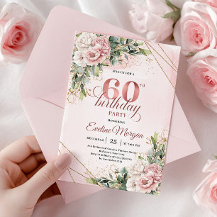 Convite de Aniversário de 60 Anos Elegante Rosa Po