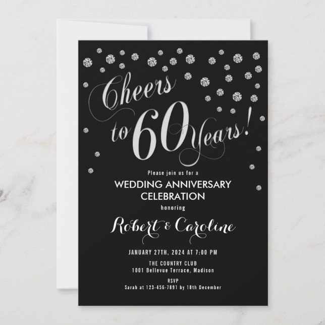 Convite de Aniversário de 60 anos em Preto e Prata (Frente)