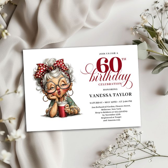 Convite de Aniversário de 60 Anos Engraçado Design (Humorous 60th Birthday Invitation Old Lady Design)