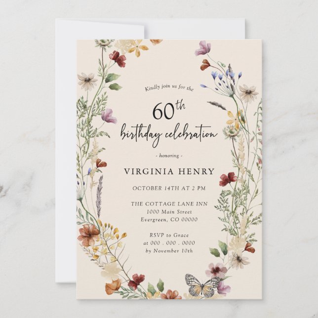 Convite de Aniversário de 60 anos Floral (Frente)
