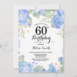 Convite de Aniversário de 60 anos Floral Azul Botâ