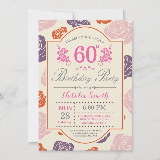 Convite de Aniversário de 60 anos Floral Rosas Ros (Frente)