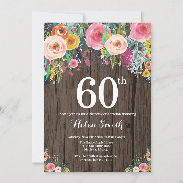Convite de Aniversário de 60 anos Floral Rústico (Frente)