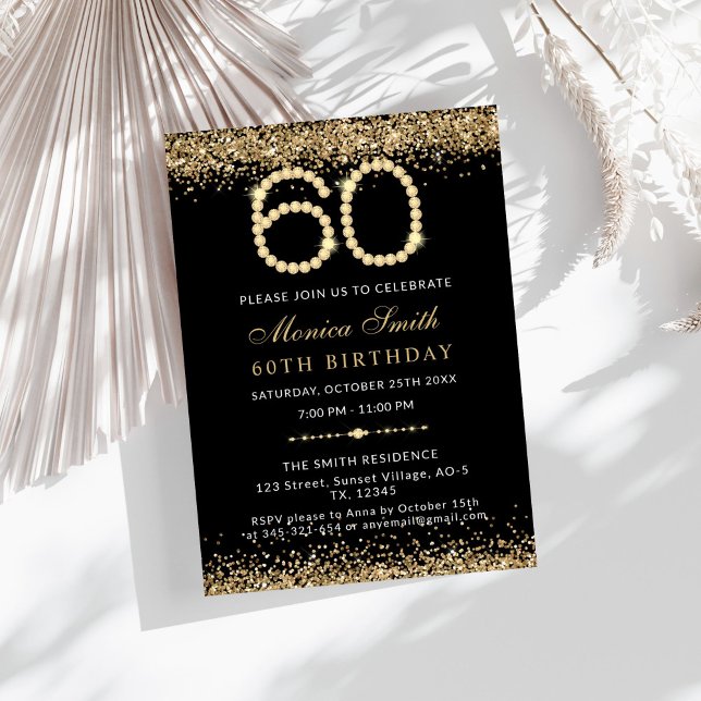 Convite de Aniversário de 60 anos Gold Diamonds (Gold 60th Birthday Party Invitation)