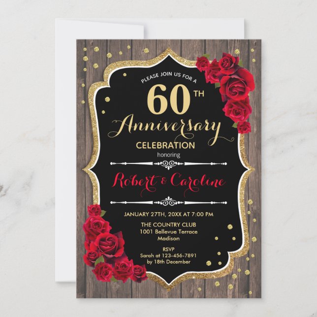 Convite de Aniversário de 60 anos - Madeira Vermel (Frente)