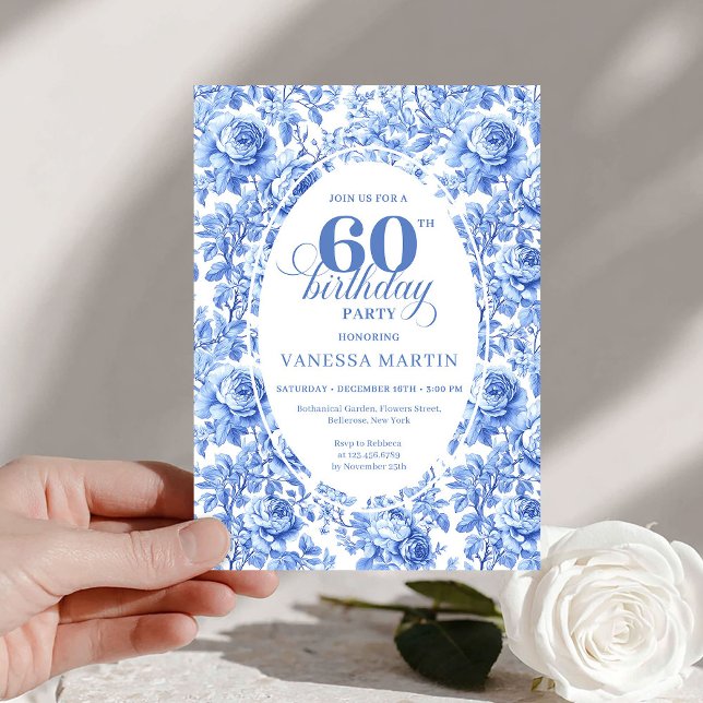 Convite de Aniversário de 60 Anos Modernas Rosas T (Modern Blue Toile Roses 60th Birthday Invite Digital

)