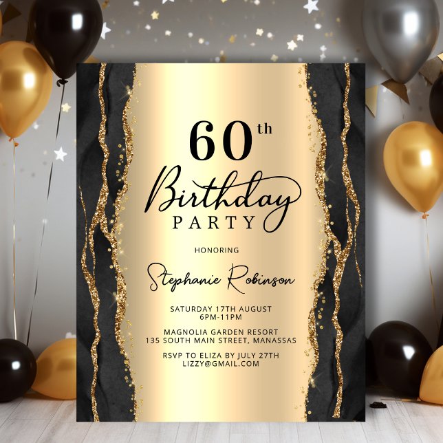 Convite de Aniversário de 60 anos Moderno Preto e  (Criador carregado)