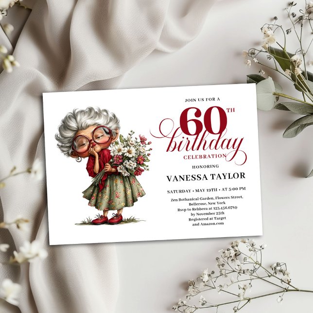 Convite de Aniversário de 60 Anos para Senhora Eng (Funny Old Lady 60th Birthday Invitation Party Card)