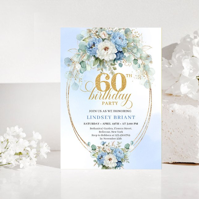 Convite de Aniversário de 60 anos Pastel Blue Peon (Pastel Blue Peonies Gold 60th Birthday Invitation)
