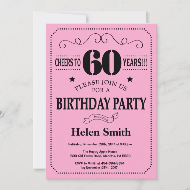 Convite de Aniversário de 60 anos Preto e Rosa (Frente)