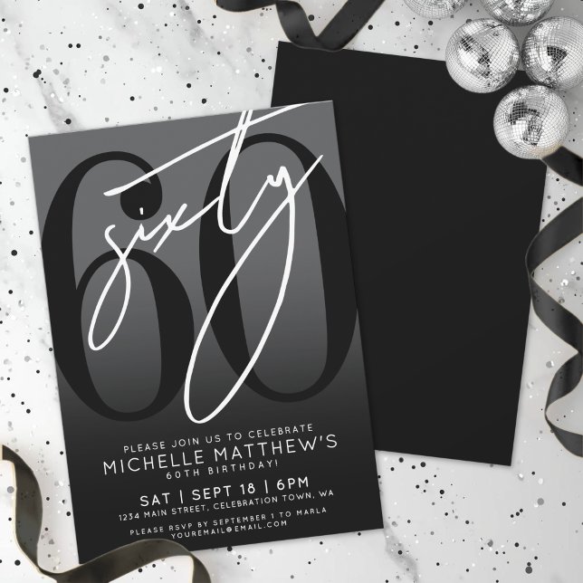 Convite de Aniversário de 60 Anos Preto Moderno (Modern Black 60th Birthday Party Invitation)