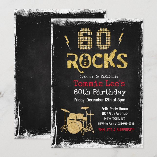Convite de Aniversário de 60 Anos Rockstar Guitar (Frente/Verso)